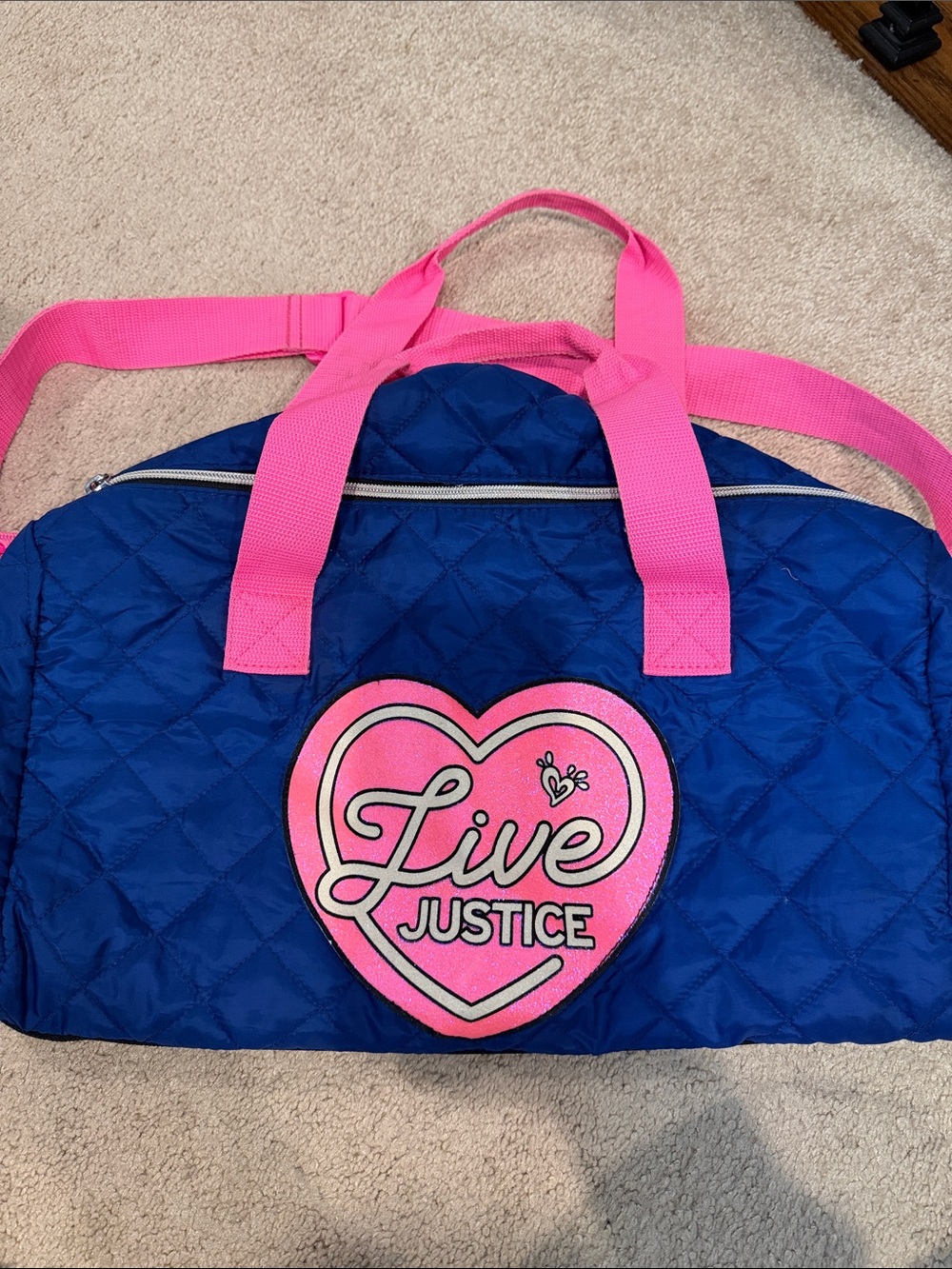 Justice Quilted Travel or dance/sports Bag in Navy and Pink euc